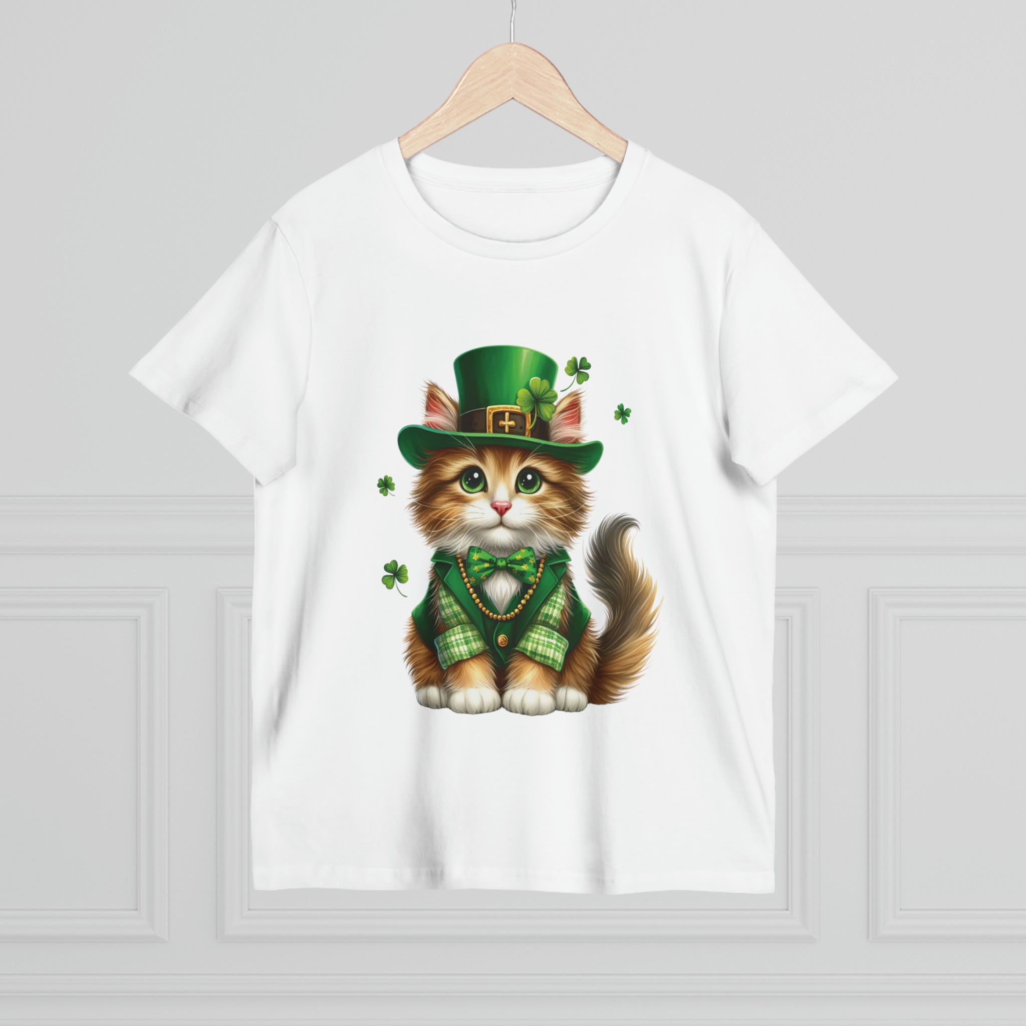 St. Patrick's Day - Norwegian Forest Cat | Women's Premium Cotton Crewneck T-Shirt in White, Size AU XS-2XL | Regular, Short Sleeves, Preshrunk Material