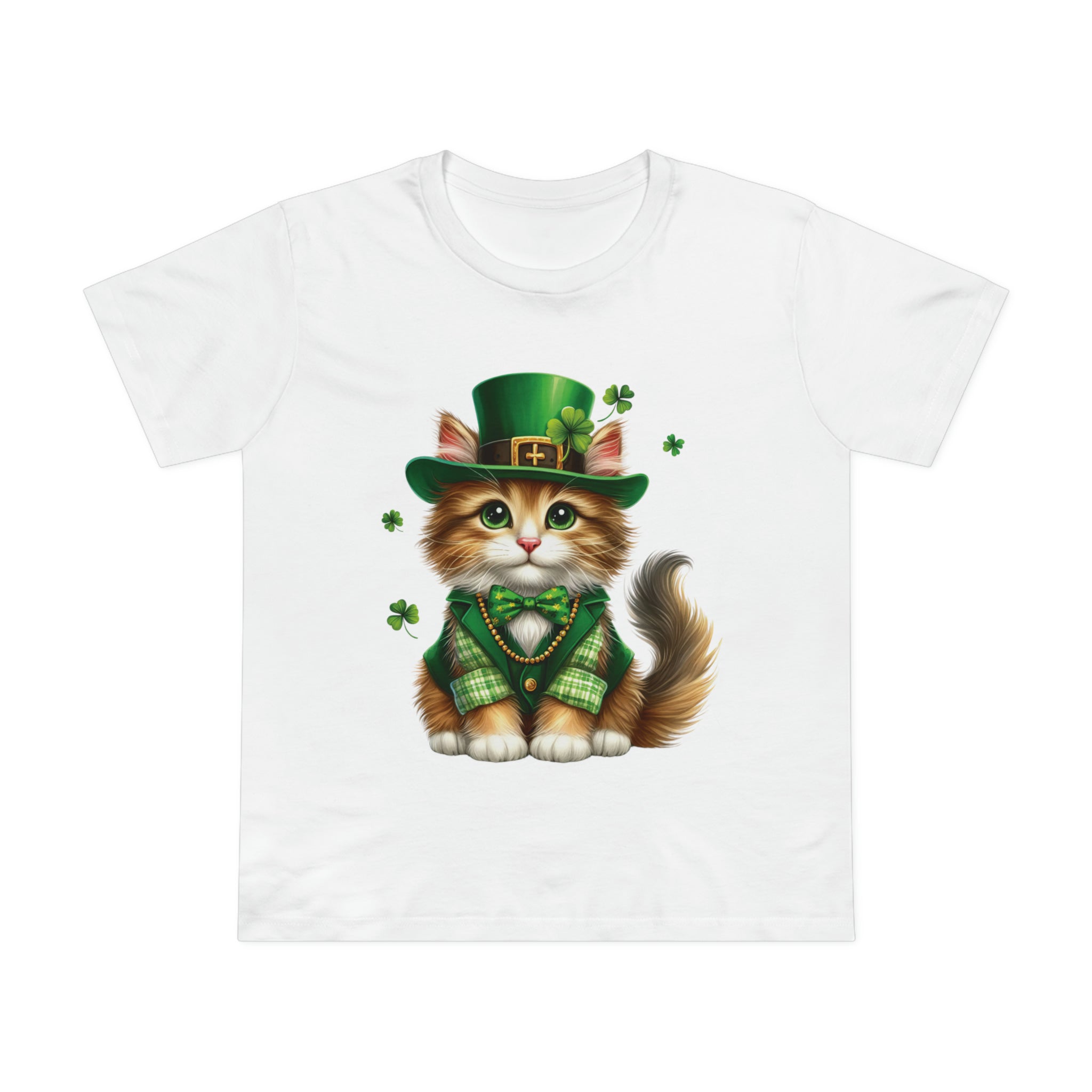 St. Patrick's Day - Norwegian Forest Cat | Women's Premium Cotton Crewneck T-Shirt in White, Size AU XS-2XL | Regular, Short Sleeves, Preshrunk Material