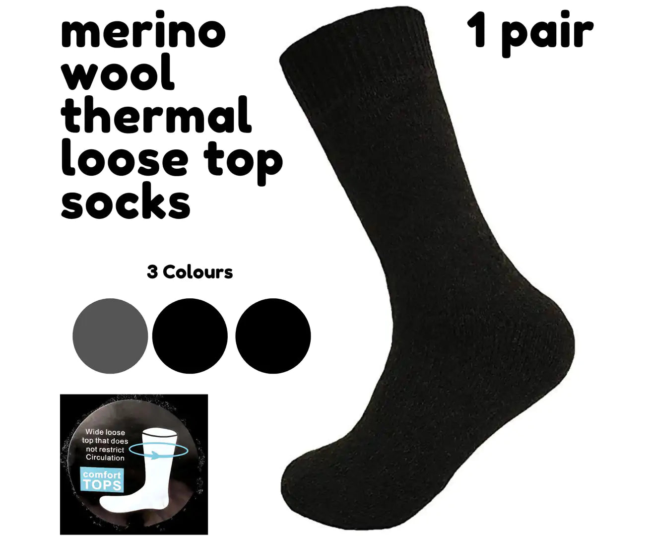 Merino Wool Men'S Loose Top Thermal Socks Diabetic Comfort Circulation - 1 Pair - Black