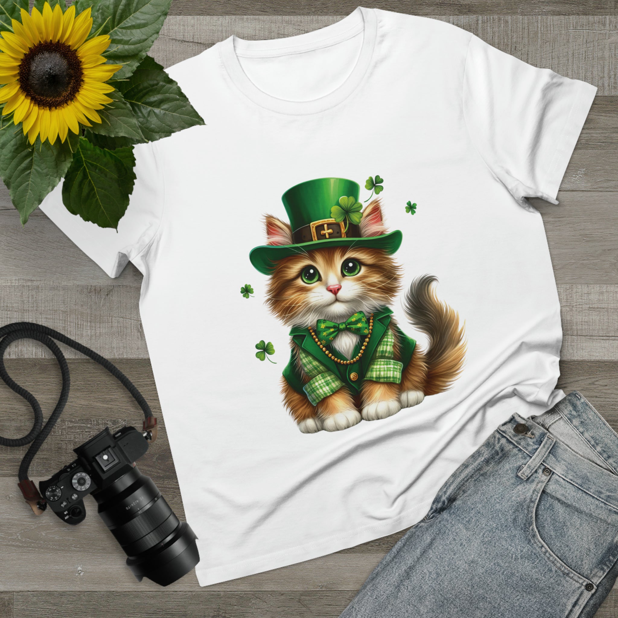 St. Patrick's Day - Norwegian Forest Cat | Women's Premium Cotton Crewneck T-Shirt in White, Size AU XS-2XL | Regular, Short Sleeves, Preshrunk Material