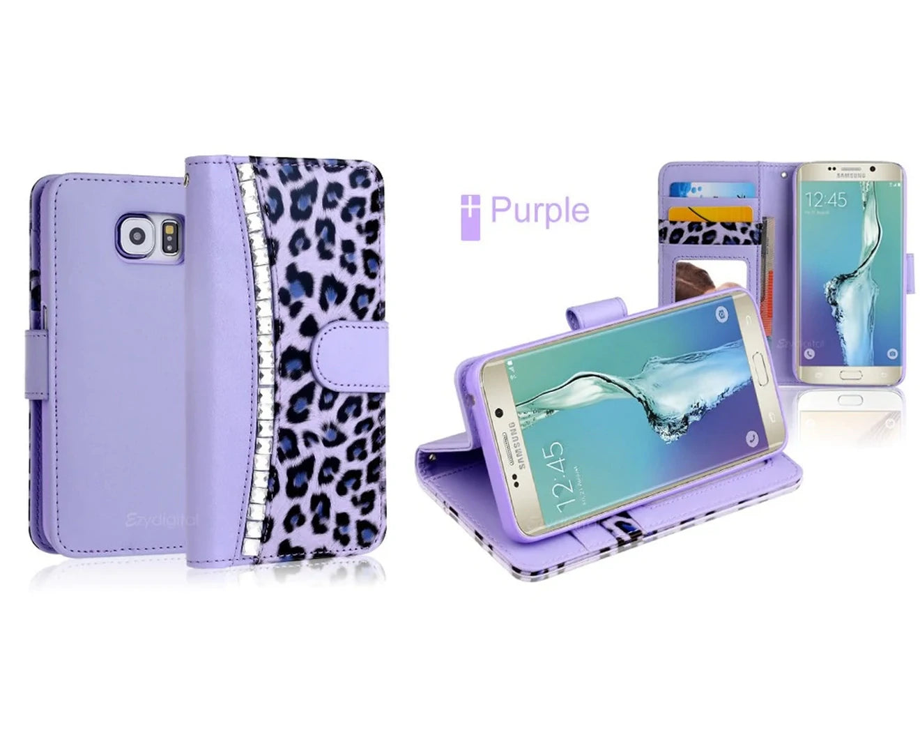 Purple Diamond Leopard WALLET CARD CASE COVER for Samsung Galaxy S6 Edge Plus